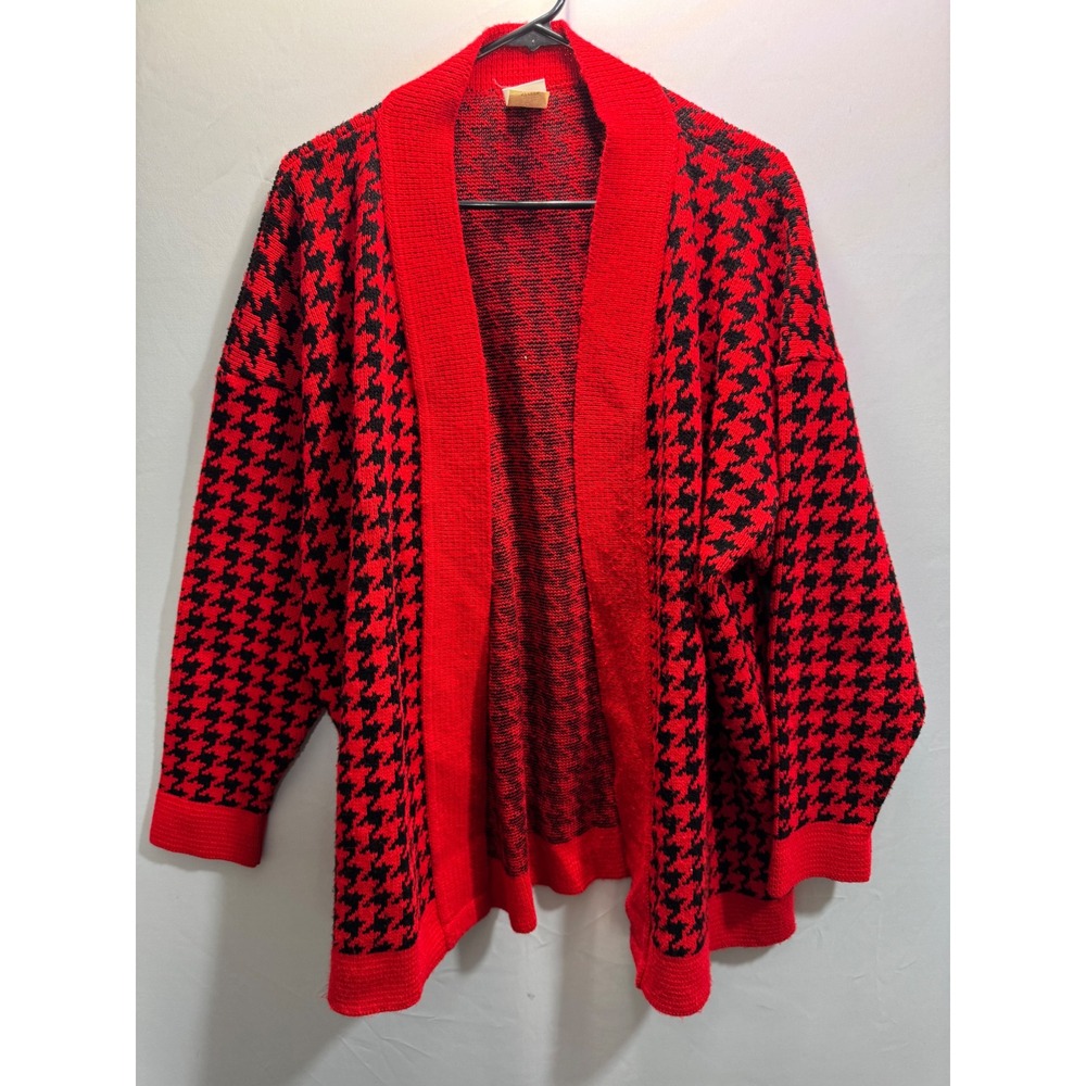 Sweater Bazaar Vintage Red Black Houndstooth Cardigan Open Front USA Made 22W